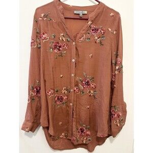 Figueroa & Flower Embroidered Tunic Top L — Rust Floral Boho Peasant Blouse